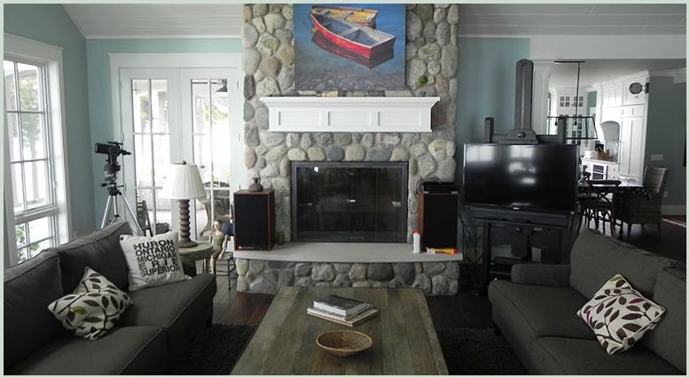 Living room with fieldstone fireplace